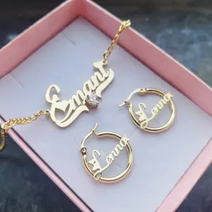 Qiuhan baja tahan karat dipersonalisasi papan nama kustom huruf hati zirkon liontin kalung 20mm bulat anting perhiasan Set