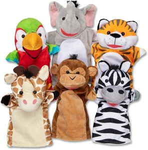 Juego de 6 marionetas de mano de <span class=keywords><strong>animales</strong></span> de felpa suave para niños pequeños, incluye elefante, Tigre, loro, jirafa, mono y cebra - Product Image 1