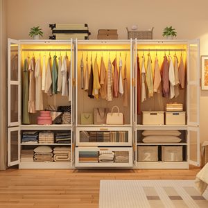 <span class=keywords><strong>Armadio</strong></span> di Lusso con Porte in Vetro LED, Ampio Guardaroba per Camera da Letto con <span class=keywords><strong>Specchio</strong></span> e Asta Appendiabiti, Mobile Contenitore in Legno Bianco - Product Image 2