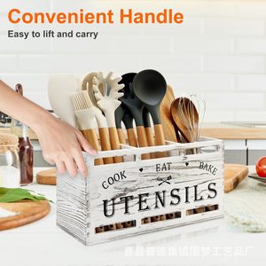 Solid Wood Cutlery Organizer Box With Engraved Utensils <b>Storage</b> <b>Kitchen</b> Drawer Divider Compartment Wooden Box - Product Image 3