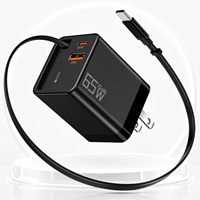 Pengisi daya dinding 3 dalam 1 dengan kabel Tipe C, colokan dinding pengisi daya ponsel bisa ditarik 65W dengan port USB ganda untuk ponsel pintar