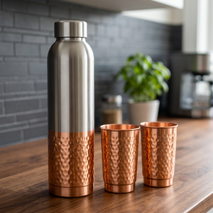 Silver Insulated <b>Water</b> <b>Bottle</b> With Copper Base And Two Hammered <b>Metal</b> Cups Portable Eco Friendly Drinkware Set - Product Image 1