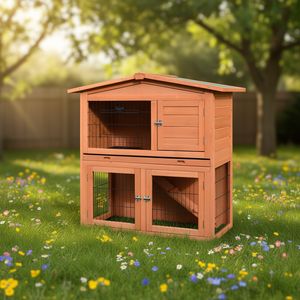 Conejera de Madera para Exteriores con Bandeja Impermeable, Rampa y Techo Resistente a la Intemperie, Modelo D0100X3H24X, Jaula Natural para Conejos - Product Image 2