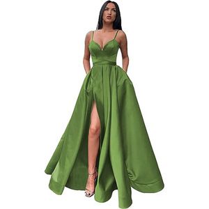 Satin Prom Evening Gown A-Line Sweetheart Neckline Strappy Slit Pockets Long Formal Dress For Party Wedding - Product Image 3