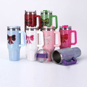 Stock Pearl Diamond 40Oz Butterfly Diamond-Inlaid Ice Bucket Travel Car Vacuum <b>Thermos</b> Tumbler Cup Mug With Handle Straw - Product Image 2