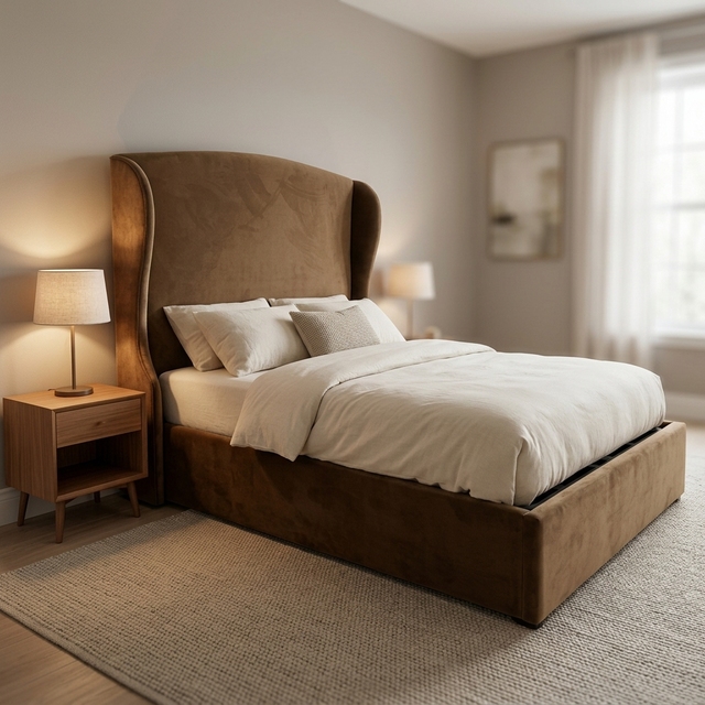 Queen Double Size Midcentury Platform Bed Premium High Headboards Soft Upholstery Fabric Storage Eco-Friendly Wood Frame for