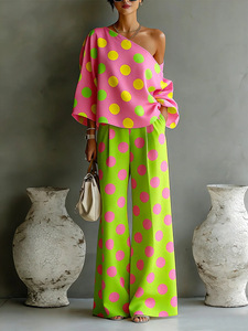 Bold Polka Dot Two Piece Outfit Off Shoulder <strong>Flowy</strong> <strong>Top</strong> &amp; Wide Leg Pants Summer Casual Wear - Product Image 2