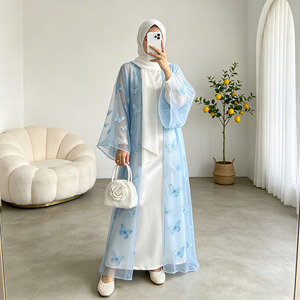 Sky Blue Butterfly Abaya <b>Set</b> For Women Sheer Organza Tulle Open Abaya With Dress Elegant <b>Modest</b> Muslim Outfit - Product Image 4