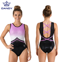 Justaucorps de gymnastique rose vif ombré en maille, orné de strass en cristal dense, col montant, dos ajouré multi-bretelles, extensible
