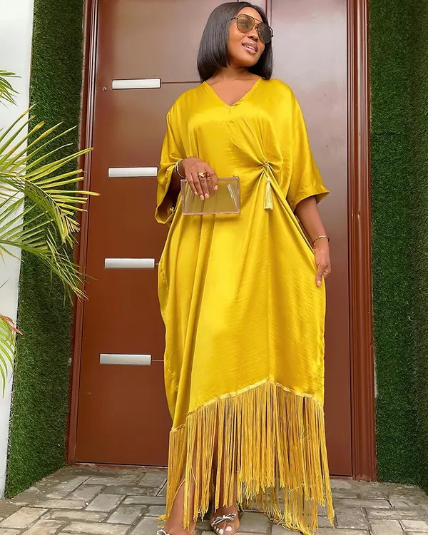 Gaun Abaya Maxi panjang rumbai elegan warna polos gaun longgar wanita Muslim lengan pendek ukuran Plus populer Afrika