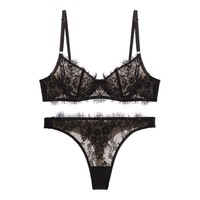 Set Lingerie 2-Piece Bra 3/4 Cup Berkawat & Thong Berenda Seksi untuk Wanita Dewasa, Nyaman, Bernapas, Motif Bunga