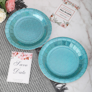Custom printing peacock blue hot charger dinnerware pure color paper disposable plates sets 9 inches