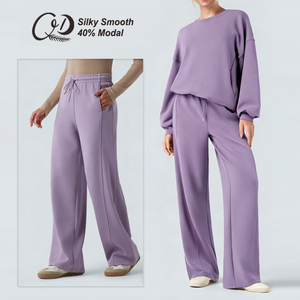 Silky Smooth Modal Fabric Mid Rise Drawstring Casual Straight-leg Pants with Pockets and Round Collar Long Sleeves <strong>Activwear</strong> <strong>Set</strong> - Product Image 6