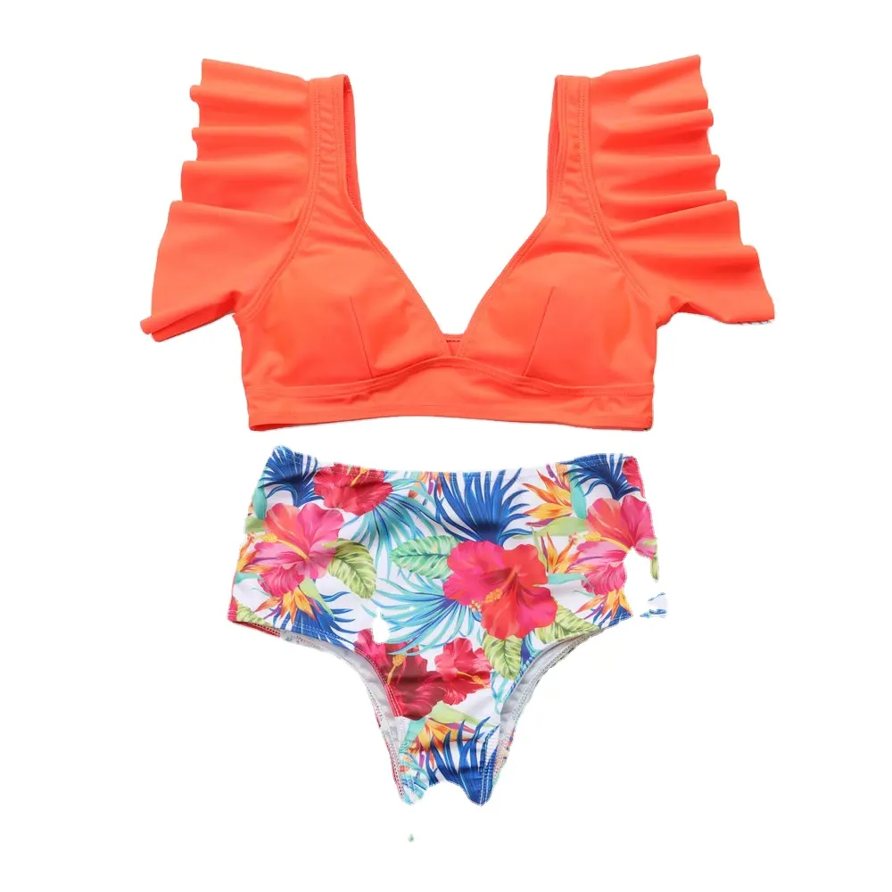 Women Sexy Deep V Neck Beachwear Swim Ruffled Binini Set Flounced Top High Waist Swimsuit OEM Customized Cut Out Two Piece