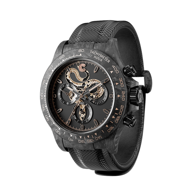 High-end Luxury Men's Mechanical Wristwatch Featuring a Carbon Fibre case and Canvas Strap Snake Design, Custom Watch