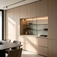 Aparador Moderno de Madera Maciza Color Nogal con Iluminación LED, Ecológico, con Cubierta de Mármol y Estantes Ajustables