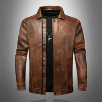 Blouson vintage marron en similicuir pour homme, col rabattable, imperméable, coupe-vent, style motard, décontracté, en cuir PU, avec logo frontal