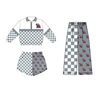 Ensemble de survêtement 3 pièces XY0615 pour enfants : haut court à demi-zip, short et pantalon large à motif damier pour la rentrée scolaire