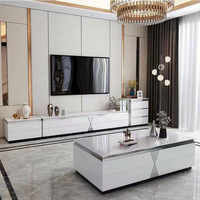 Table basse et meuble TV en verre trempé et marbre doré, style moderne et luxueux, avec tiroirs, pour le salon