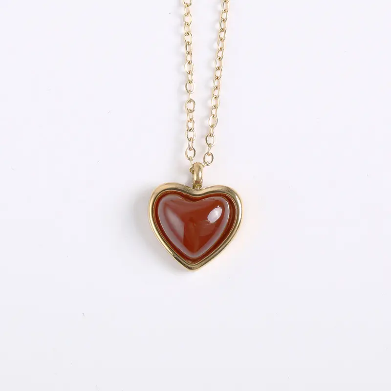 Ins natural stone Red Agate Pendant Necklace stainless steel sweater chain heart-shaped earrings two-pieces necklace