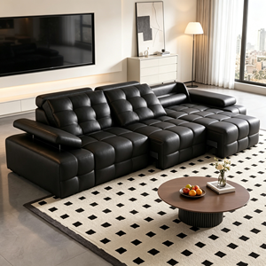 Sofá Seccional Moderno en Forma de L de Cuero Sintético Negro con Respaldo Acolchado y Brazos Acolchados para Sala de Estar - Product Image 3