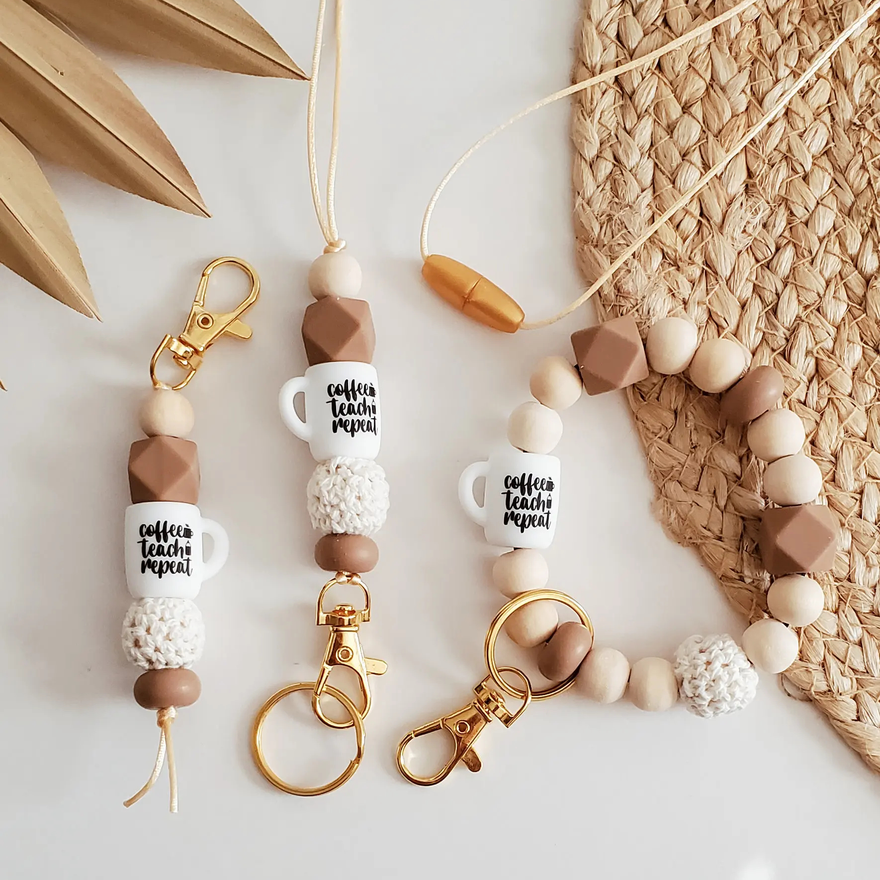 Popular Keychain Lanyard Knitted Cotton Wooden Bead Silicone Beads Tassel Lanyard Teacher Nurse Lanyard Gift Image 3