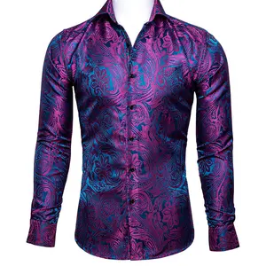 Chemises de luxe en soie Paisley rouge Rose pour hommes, chemises à manches longues décontractées à fleurs pour hommes, chemise habillée de styliste CY-0029