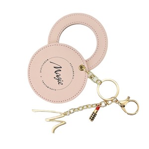 Custom Fashion Pink Leather Cover Mini Branded Mirror Keychain for Travel Promotional Gift