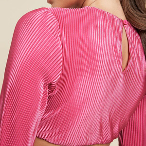 Abito Casual aperto da donna in <span class=keywords><strong>velluto</strong></span> plissettato rosa caldo con manica lunga a campana a lunghezza incavata - Product Image 5