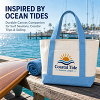 Sac fourre-tout en toile brodé avec logo personnalisé, sac à main Coastal Tide Boat avec poche avant, sac en coton robuste pour la plage et les trajets quotidiens