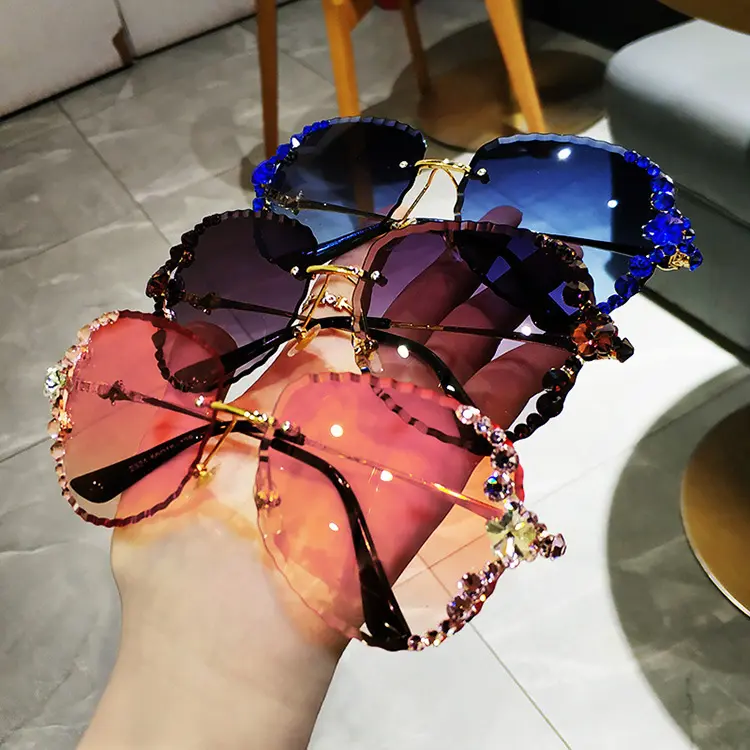유행 로즈 여성 패션 블랙 럭셔리 무테 라인 석 선글라스 2021 최신 음영 공급 선글라스