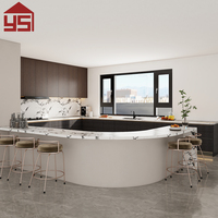 Îlot de cuisine minimaliste laqué en noyer foncé, sans poignées, avec éclairage LED, directement de l'usine, pour appartement