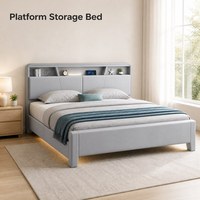 Lit plateforme moderne avec étagères de rangement intégrées à la tête du lit, compartiments et boîtes de rangement, taille Queen et King, mobilier de chambre à coucher