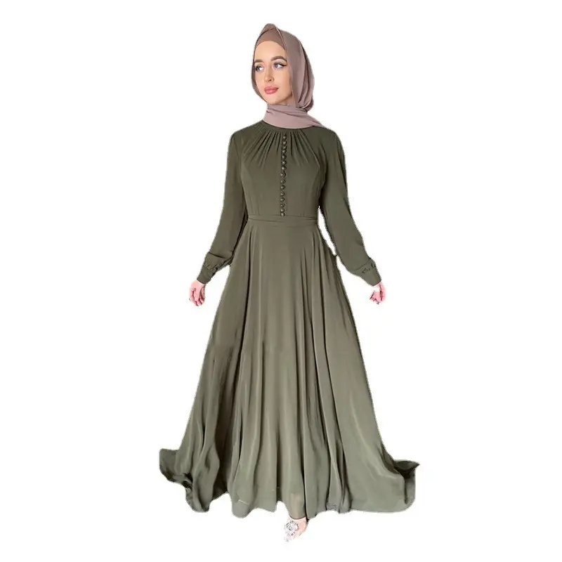 2023 새로운 핫 세일 단색 고품질 쉬폰 가운 Abaya 이슬람 여성 드레스 터키 두바이 드레스