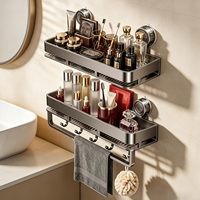 Étagère sans perçage pour l'intérieur de la douche, support de rangement de salle de bain robuste en acier au carbone avec barre porte-serviettes et crochets