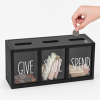 Boîte à monnaie en bois avec logo personnalisé, 3 sections, pour économiser, offrir et dépenser, avec fenêtres transparentes, cadeau pour enfants