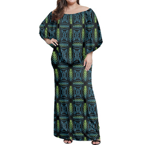 Vestido de manga corta de verano para damas <span class=keywords><strong>Tonga</strong></span> <span class=keywords><strong>Tattoo</strong></span> Print Mujeres Batwing Sleeve Maxi Dress Tapa Design Off Shoulder Ruffle Dress - Product Image 2
