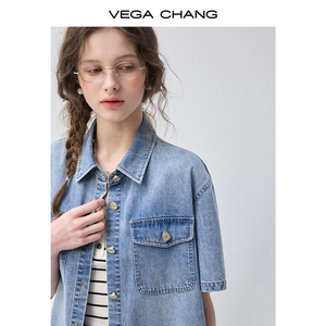 Ensemble deux pièces en denim bleu clair VEGA CHANG pour femmes, chemise à manches courtes et short en denim à ourlet effiloché, <span class=keywords><strong>tenue</strong></span> décontractée - Product Image 4