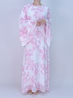 Abaya en Chiffon Imprimé Floral pour Femmes Musulmanes Adultes, Design Personnalisé Accepté, Deux Couches, Manches Bouffantes, Ceinture à Nouer à la Taille, Style Casual