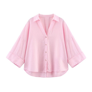 Rắn màu lần lượt xuống cổ áo quần short tay áo nút lên thời trang giản dị Linen Áo sơ mi áo sơ mi cho phụ nữ - Product Image 5