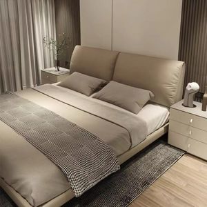 Leather <b>Bed</b> Modern Minimalist Master Bedroom <b>Bed</b> With Storage Space Genuine Leather Frosted Finish Low Box Design - Product Image 1
