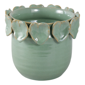 Vaso in Ceramica Rotondo con Bordo a Foglia per Uso Interno ed Esterno, Vaso per Fiori in Gres Verde, Arredo Moderno 8 Pollici - Product Image 4
