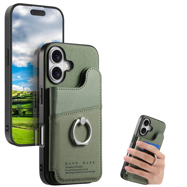 For iPhone 17 Pro Max Air Leather TPU PU Case Shockproof Card Holder Wallet Pouch Finger Ring Kickstand Pure Color
