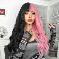 Perruque synthétique à frange Ainizi en gros, longue et ondulée, couleur mi-rose mi-noire, tendance, pour femmes blanches