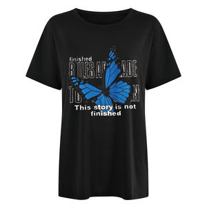 เสื้อยืดผู้หญิงพิมพ์ลายผีเสื้อสีน้ำเงินแขนสั้นผ้าฝ้ายลำลองระบายอากาศฤดูร้อน - Product Image 6