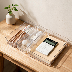 Boîte <span class=keywords><strong>de</strong></span> rangement transparente en plastique à combinaison libre et tailles multiples pour tiroirs, idéale pour ranger les fournitures <span class=keywords><strong>de</strong></span> bureau et les <span class=keywords><strong>ustensiles</strong></span>. - Product Image 1
