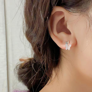 S925 gümüş iğne çift kelebek düğme küpe tam taklidi Mini küçük kristal iki kelebek küpe - Product Image 3