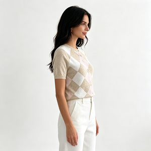 Comodo Top in Maglia con Motivo Argyle e Bottoni, <span class=keywords><strong>Cardigan</strong></span> da <span class=keywords><strong>Donna</strong></span> <span class=keywords><strong>Beige</strong></span> Rosa a Maniche Corte con Collo Rotondo, Abbigliamento in Maglia - Product Image 2