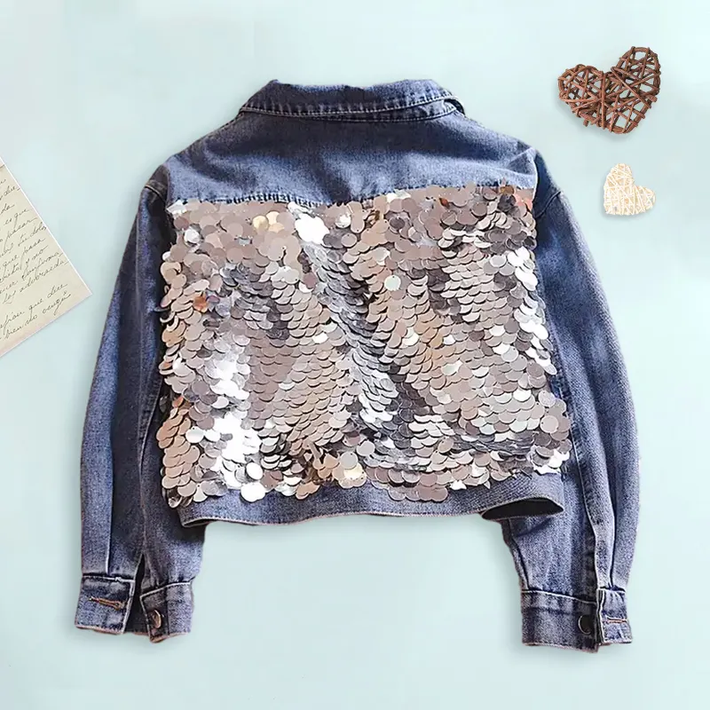 Custom Sequin Patches Girls Denim Jacket Short Style Kids Denim Jacket For 2-12 Years Made In China