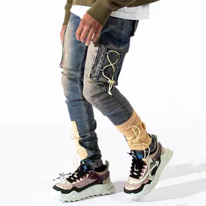 2021 Hot Selling Custom Mannen Skinny Cargo Jeans Goud Colorblock Rits Denim Jeans